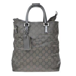 GUCCI Logo GG Pattern Hand Bag Nylon Leather Brown Silver Italy 66KP414